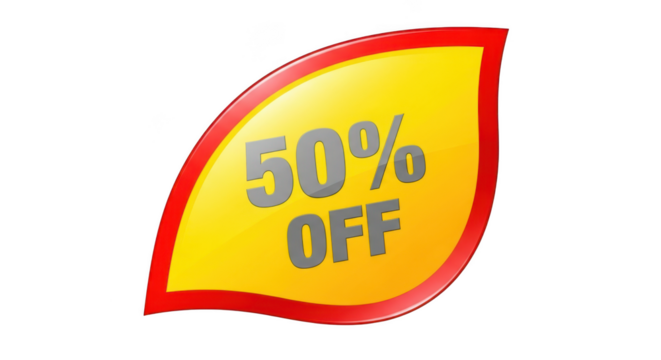 Yellow leaf with fifty percent off isolated on transparent background