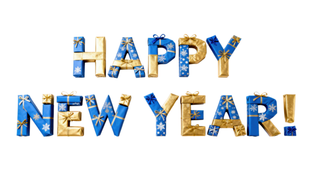 Happy New Year celebration with blue and gold presents arranged as letters on a white background creating a festive atmosphere for the holiday season - Powered by Adobe