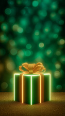 A glowing green gift box with a gold ribbon sits on a sparkling surface against a bokeh background.