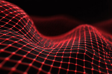 Red network nodes form a waving grid pattern on a black background