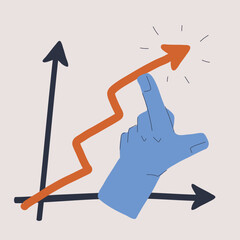 Cartoon vector illustration of a hand supporting a graph line as a metaphor for growth, stability, and guidance in progress