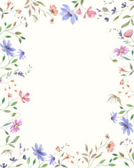 Watercolor floral frame with delicate wildflowers and green leaves. Hand-painted botanical border in soft pastel colors. Vector EPS.
