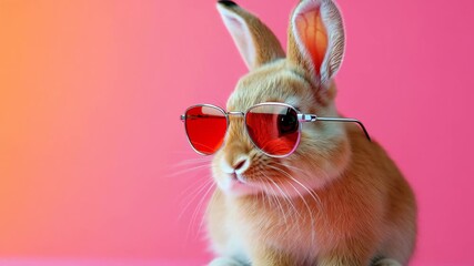 Cute rabbit wearing sunglasses poses against a vibrant pink gradient background and showcases its playful personality - Powered by Adobe