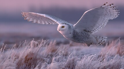 Snowy owl glides quietly above frosty tundra at dawn its white plumage blending perfectly.