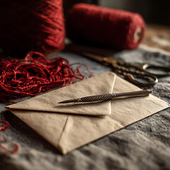An envelope, tangled red thread, and scissors are in the back