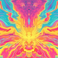 Fototapeta premium Wallpaper has a bright, psychedelic color gradient with bright yellow, pink, and blue hues.