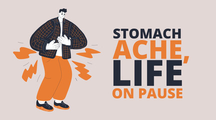 Cartoon vector illustration of a stomach ache banner as a symbol of digestive health issues and awareness