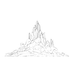 Illustration of a mountain range with jagged peaks and rocky terrain in black and white line art style