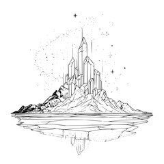 Crystal mountain landscape drawing black and white fantasy art illustration mystical peaks and reflection scene