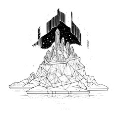Crystal mountain landscape illustration with stars and geometric shapes vector art design element