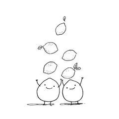 Cute lemon illustration with happy characters and falling lemons for graphic design and fun art projects
