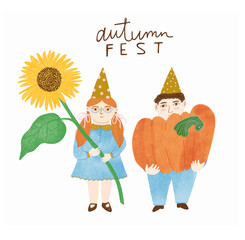 Little boy and girl gnomes holding pumpkin and sunflower