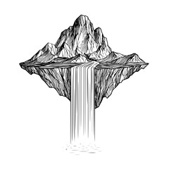 Floating island mountain waterfall landscape drawing design vector illustration graphic art nature scene isloated