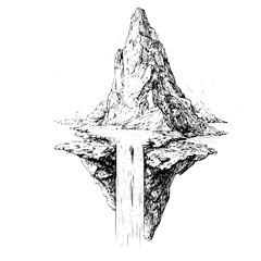 Black and white mountain peak landscape with waterfall drawing vector illustration for adventure seekers