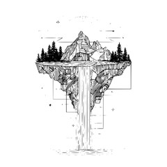 Floating island landscape drawing with waterfall mountain and trees black and white illustration nature art