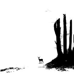 Black and white deer silhouette in forest landscape wildlife nature scenery minimalist vector illustration