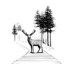 Deer in forest drawing black and white illustration nature wildlife animal art print woodland scene graphic design image