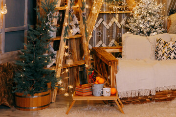Cozy Christmas interior with lights, trees, and sofa. Holiday rustic scene for winter celebration and festive greeting card.