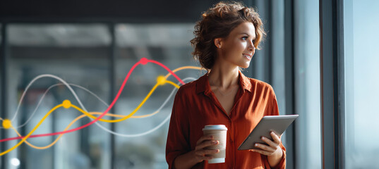 Young Analyst with Tablet and Coffee Analyzing Data by Window