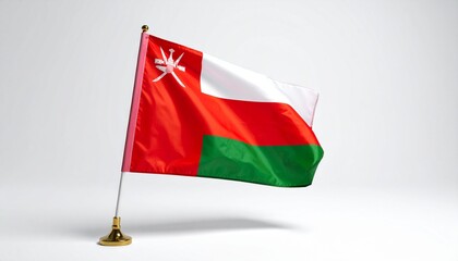 Omani national flag waving on silver flagpole, featuring three horizontal stripes