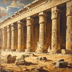 Ancient Egyptian temple facade, columns, hieroglyphs, desert setting
