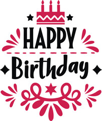 happy birthday, text, lettering, calligraphy, celebration, party, cake, candle, festive, greeting, card, invitation, decoration, ornate, flourish, swirl, star, diamond, pink, black, white background, 