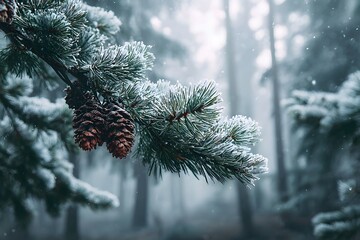 Snow-covered evergreen branches wear winter’s glittering cloak beneath a soft gray sky.