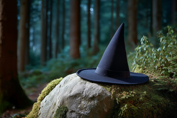 Fototapeta premium Witch hat resting on mossy rock in forest