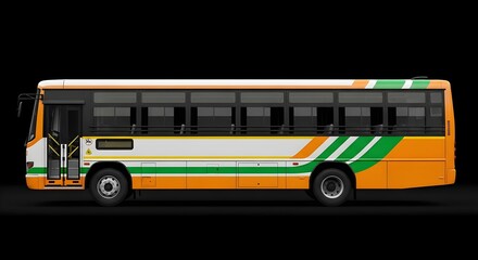 Indian city bus side view orange green white urban public transport long profile (Industry)