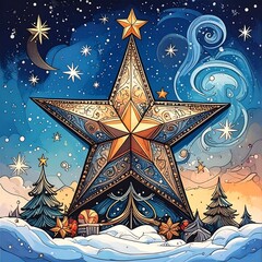 Detailed star with ornate design, nestled in a wintery landscape beneath a night sky