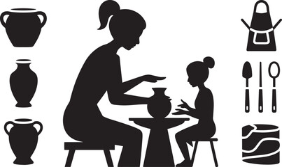 Mother and daughter making pottery silhouette with tools and pots in transparent background