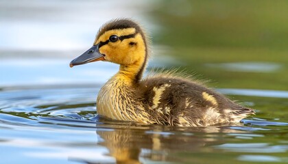 A young duckling glides effortlessly across a tranquil pond