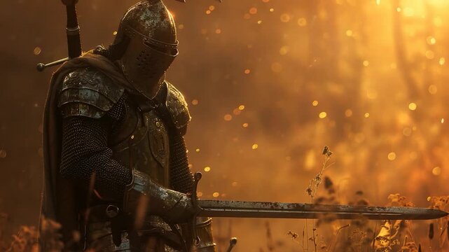 video A medieval warrior stands in an open field, holding a sword and wearing armor