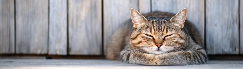 Fototapeta premium Tabby Cat Napping on Wooden Surface Cozy and Relaxed, Pets, Feline