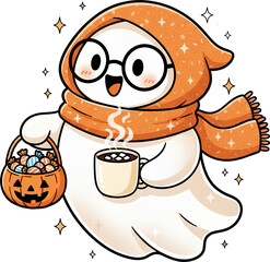 Cute ghost with pumpkin candy bucket and hot chocolate