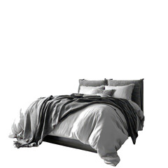 Comfortable Modern Bed with Gray Throw Blanket and Pillows Isolated