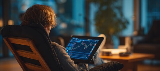 Young Trader Relaxing in Lounge Chair Analyzing Real-Time Trading Data on Tablet