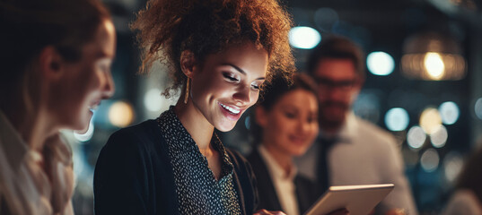 Young Woman Adjusting Financial Chart on Tablet in Collaborative Business Setting
