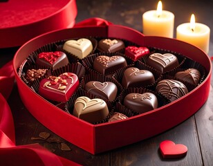 Heart-shaped chocolate box filled with assorted heart-shaped chocolates.  Red box, various colors of chocolates,  candles in background