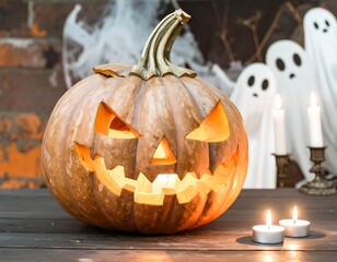 Jack-o'-lantern on a wooden table with ghosts and candles