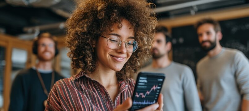 Young Woman Analyzing Price Graphs on Smartphone in Trendy Shared Office