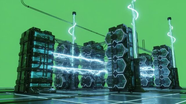 Power Grid Innovation: A futuristic illustration of an innovative power grid, emanating energy, showcases technological advancement and energy production.