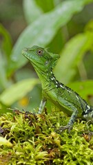 Obraz premium Close-up of a vibrant green lizard on mossy ground
