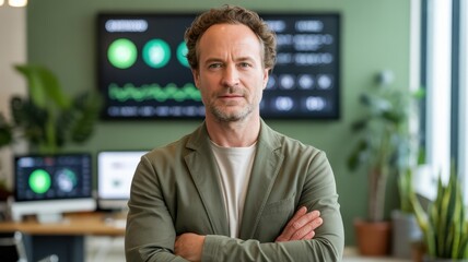 Confident Middle-Aged Caucasian CEO Portrait in Olive Blazer, Green Fintech Executive