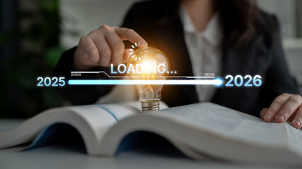 Visualizing the shift from 2025 to 2026. Progress bar symbolizing advancement, strategic foresight,...