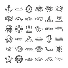 Marine Life and Nautical Vector Icon Set – Ocean Creatures, Sailing, Sea Adventure and Underwater Symbols