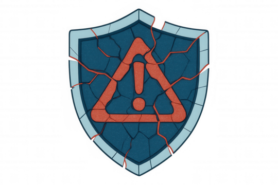 Broken shield with warning sign illustrating security risk, data breach, cyber attack, and vulnerability concept