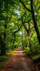 Forest path, lush green trees