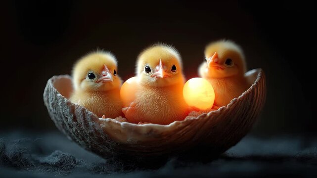 Three newly hatched chicks nestled in a seashell with warm glowing eggs in a dark setting