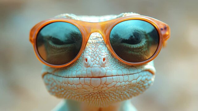 Lizard wearing sunglasses poses confidently in a sunny environment with a blurred background